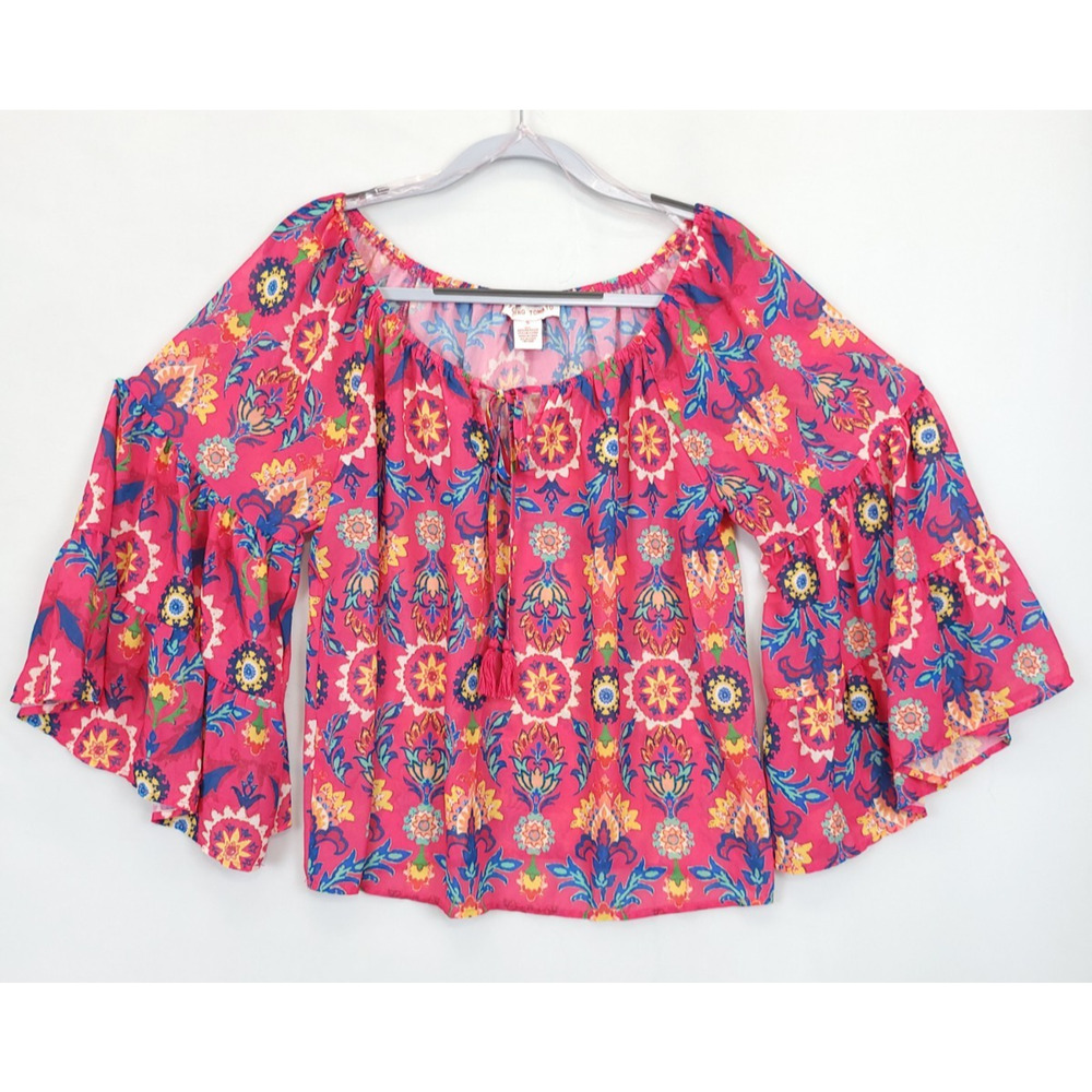 Flying‎ Tomato Tunic Tiered Sleeve Floral Fuchsia Oversize Women S Beachy Resort